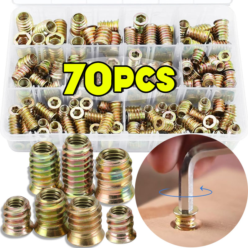 Furniture Hardware Threaded Inserts - 70個入りネジ付きインサートナットEナットキットフラッシュナットインサート木製ボルト家具用ヘッドレスネジハードウェアナット家具詰め合わせセット